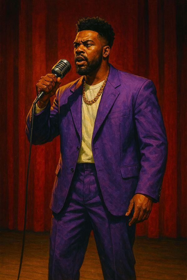 Ambrose on stage in purple suit