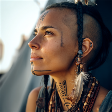 Photograph of a young woman with caramel skin and dark eyes, looking into the distance. She has a messy faux-hawk haircut, a narrow braid with a feather hanging by the buzzed side.